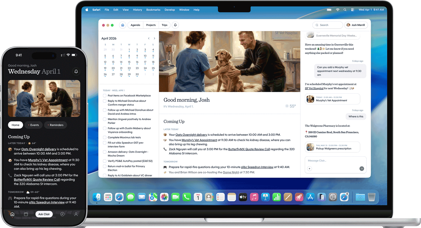 The Voyance app on Mac and iPhone — calendar, today's tasks, the Coming Up briefing, and a chat with Clair.